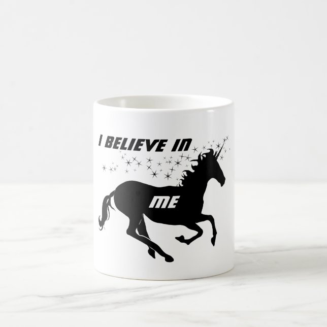 Magical Cute Unicorn I Believe In Me, Black White Coffee Mug (Center)