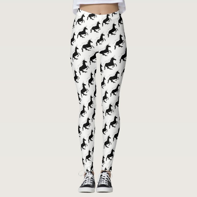 Magical Cute Unicorn Pattern Black and White Funny Leggings (Front)