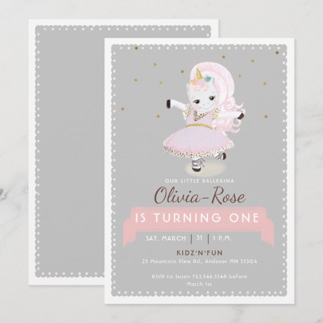 Magical Dancing Unicorn Gold Girl 1st Birthday Invitation (Front/Back)