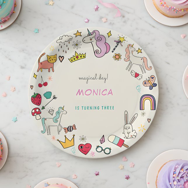Magical day cats rabbits unicorns kids birthday paper plate (Creator Uploaded)