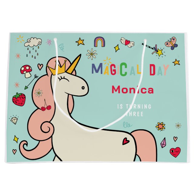 Magical day cute cartoon unicorn kids birthday large gift bag (Front)