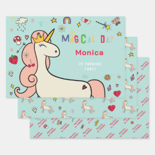 Magical day cute cartoon unicorn kids birthday wrapping paper sheet