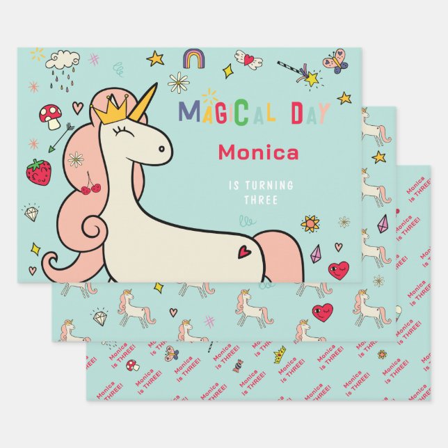 Magical day cute cartoon unicorn kids birthday wrapping paper sheet (Set)