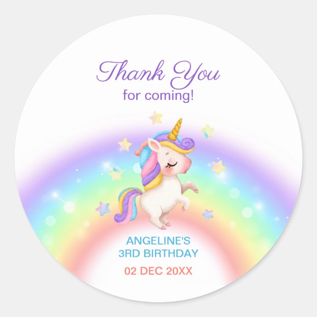 Magical Day Rainbow Stars Unicorn Birthday  Classic Round Sticker (Front)