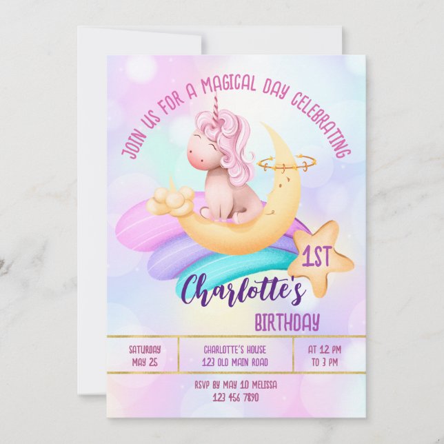 Magical day rainbow unicorn birthday party invite (Front)