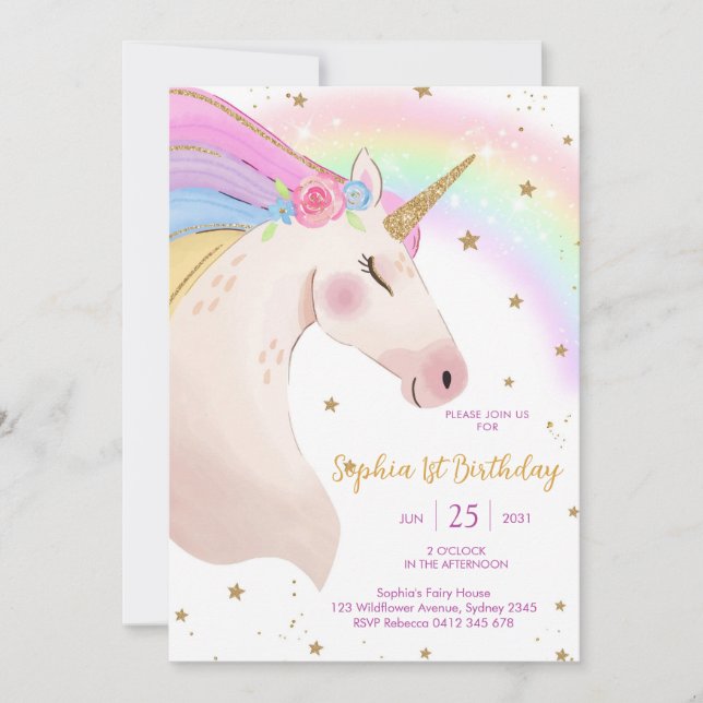 Magical Day Unicorn and Rainbows Birthday Invitation (Front)