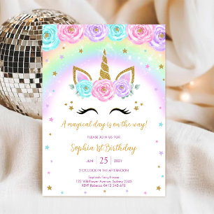 Magical Day Unicorn and Rainbows Birthday Invitation