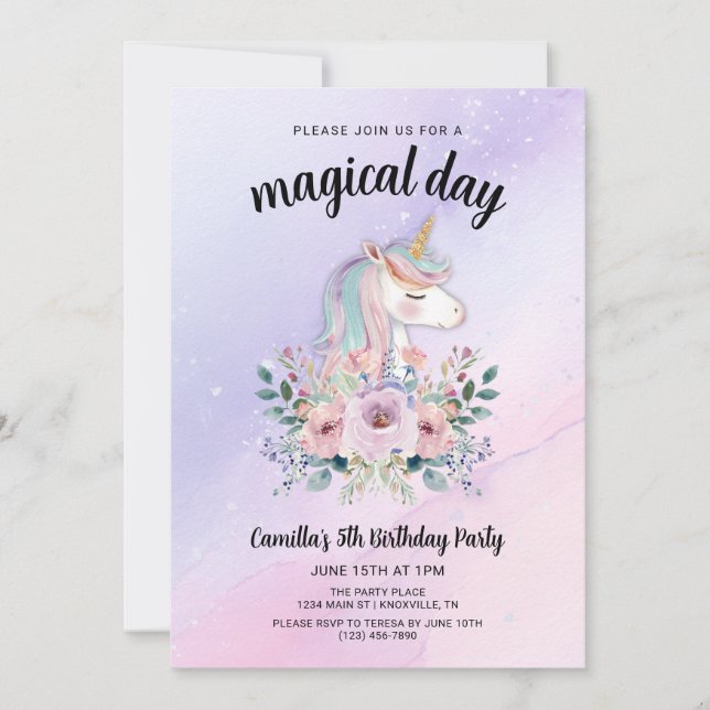 Magical Day Unicorns and Flowers Birthday Party Invitation (Front)