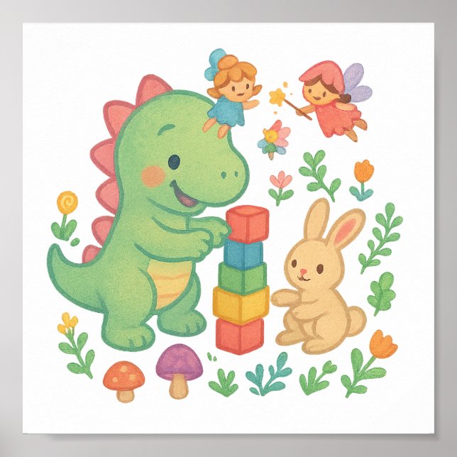 Magical Dino & Bunny – Cute Fairy Tale Friends Pos Poster (Front)