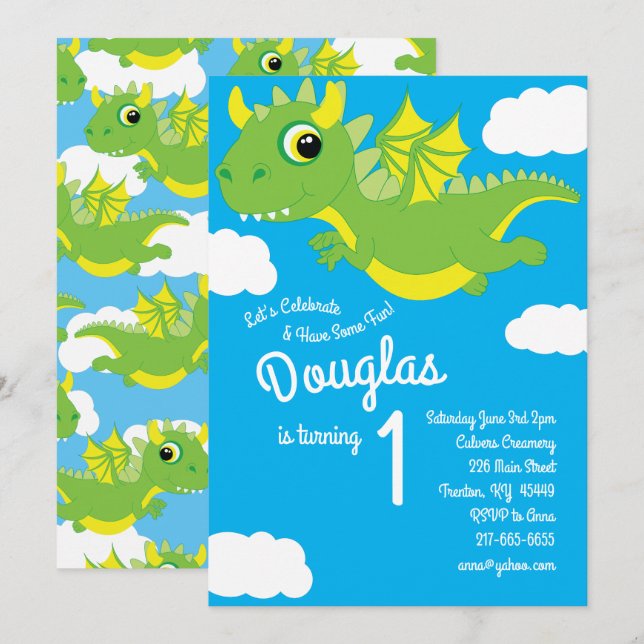 Magical Dragon 1st Birthday Cute Invitations (Front/Back)
