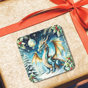 Magical Dragon Christmas With Holly Square Sticker