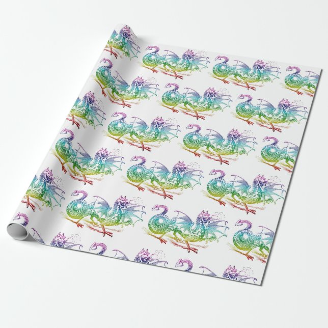 Magical Dragon Pastel Pattern Theme Wrapping Paper (Unrolled)