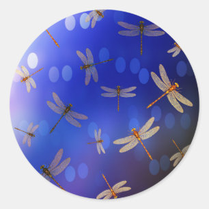 Magical Dragonflies On Blue, Classic Round Sticker