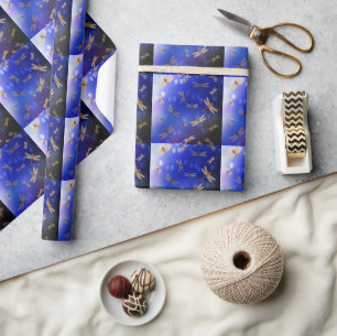 Magical Dragonflies On Blue, Wrapping Paper