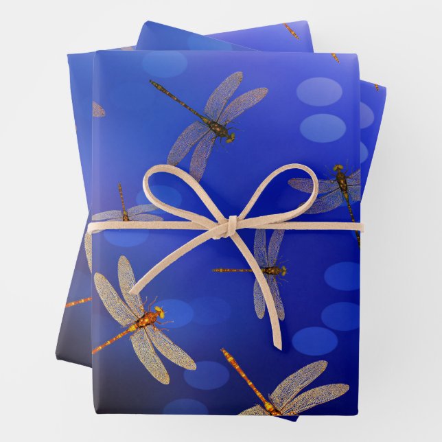 Magical Dragonflies On Blue, Wrapping Paper Sheet (In situ)