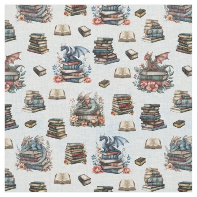Magical Dragons & Books on Light Blue Fabric (Close Up)