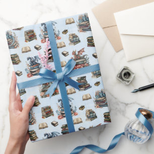 Magical Dragons & Books on Light Blue Wrapping Paper