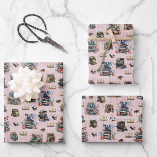 Magical Dragons & Books on Light Gray-Pink Wrapping Paper Sheet