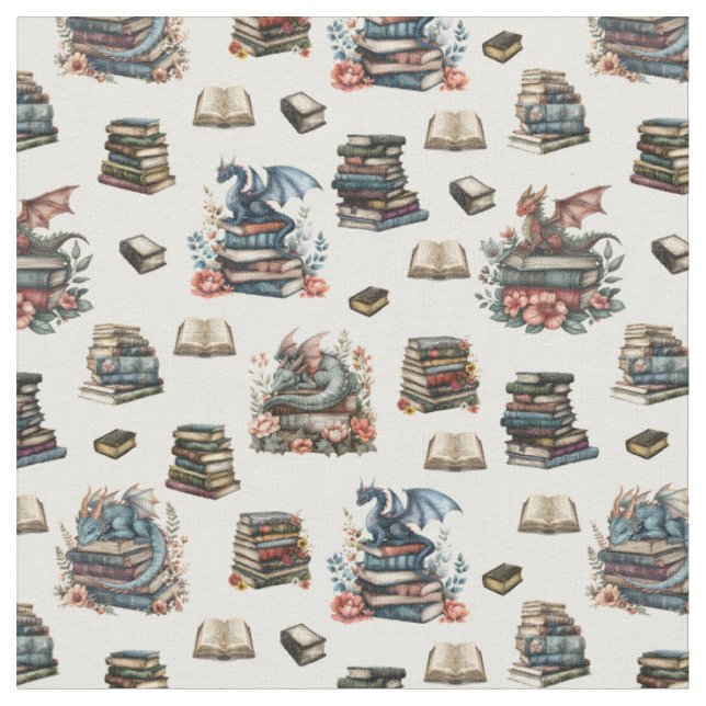 Magical Dragons & Books on Light Yellow Fabric (Close Up)