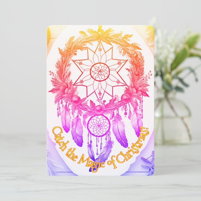 Magical Dreamcatcher Christmas Wreath Gold Purple Holiday Card (Standing Front)