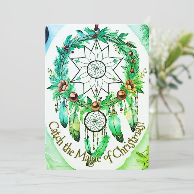 Magical Dreamcatcher Christmas Wreath Green Tones Holiday Card (Standing Front)