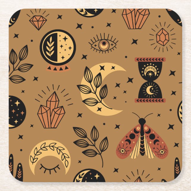 Magical Elements: Enchanting Seamless Pattern Square Paper Coaster (Front)