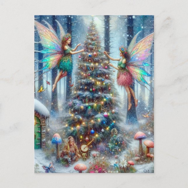 Magical Fairies and Elves Christmas Tree Postcard (Front)