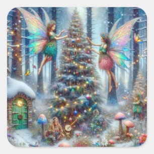 Magical Fairies and Elves Christmas Tree Square Sticker