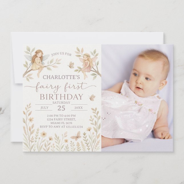 Magical Fairy 1st Birthday Invitation with photo (Front)