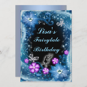 Magical Fairy And Butterflies Blue Floral Birthday Invitation