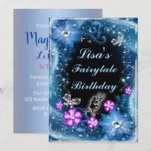 Magical Fairy And Butterflies Blue Floral Birthday Invitation