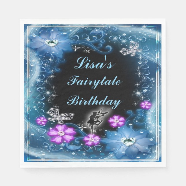 Magical Fairy And Butterflies Blue Floral Birthday Napkin (Front)