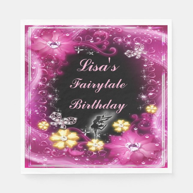 Magical Fairy And Butterflies Pink Floral Birthday Napkin (Front)