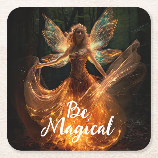 Magical Fairy Angel with Wings in Forest Pixie Square Paper Coaster (Front)