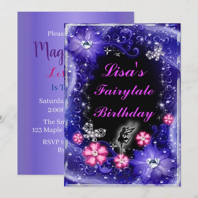 Magical Fairy Butterflies Purple Floral Birthday Invitation (Front/Back)