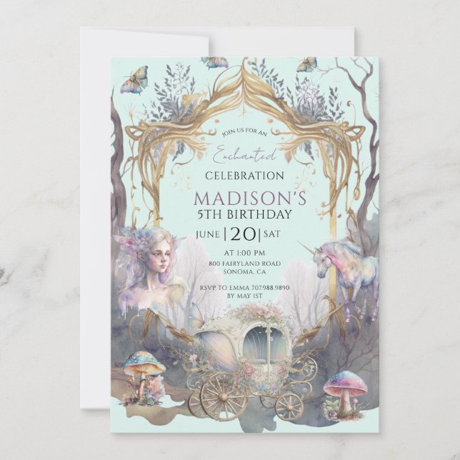 Magical Fairy Fairytale 5th Birthday Blue Party Invitation (Front)