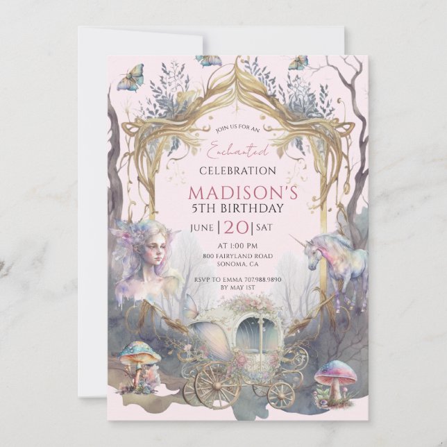 Magical Fairy Fairytale 5th Birthday Pink Invitation (Front)