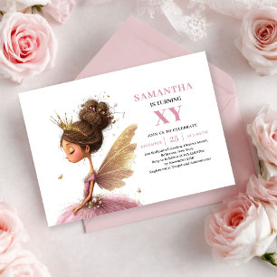 Magical Fairy Girl 3rd Birthday Blush Pink Gold Invitation