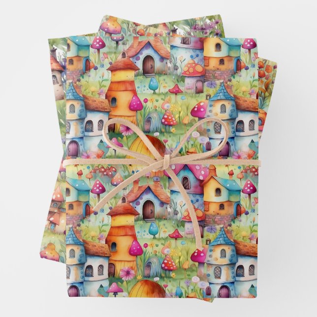 MAGICAL FAIRY HOUSES AND FAIRY VILLAGE GIFT WRAPPING PAPER SHEET (In situ)