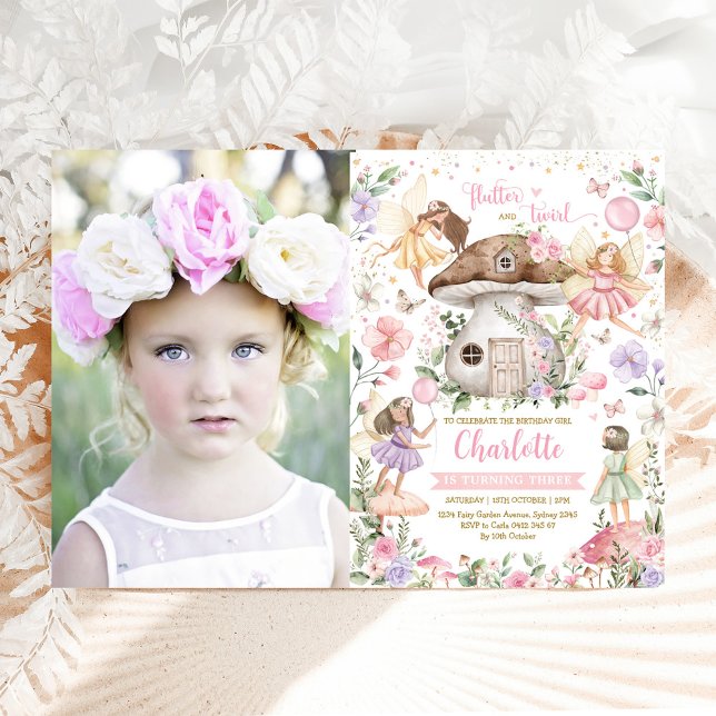Magical Fairy Pink Purple Floral Birthday Photo Invitation (Creator Uploaded)