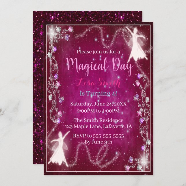 Magical Fairy Pink Starry Night Birthday Party Invitation (Front/Back)