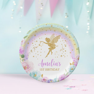 Magical Fairy Rainbow Floral Birthday Paper Plate