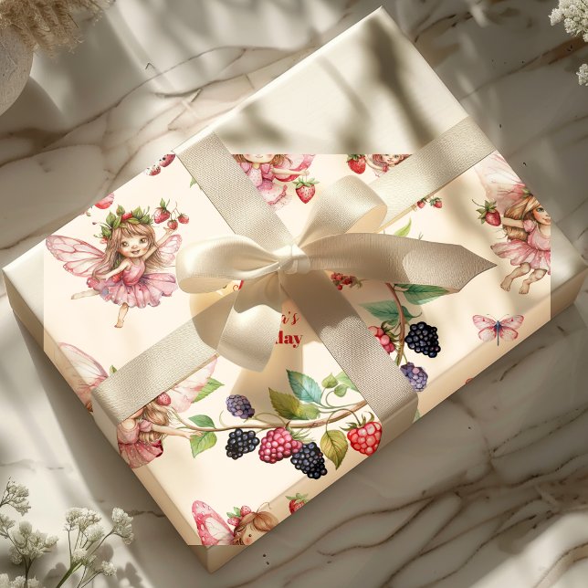 Magical Fairy Strawberry Garden Pixie 1st Birthday Wrapping Paper (Creator Uploaded)
