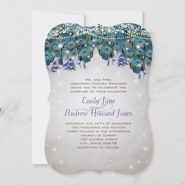 Magical Fairy Tale Lights Navy Turquoise Peacock Invitation (Front)