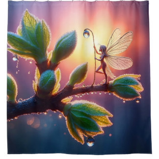 Magical fairy with dewdrop lantern on the branch shower curtain