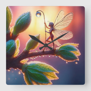 Magical fairy with dewdrop lantern on the branch square wall clock