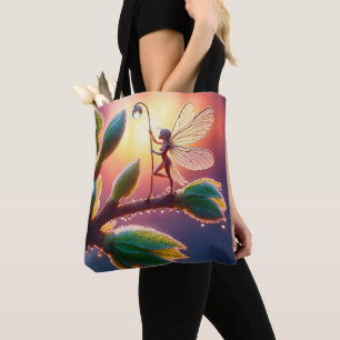 Magical fairy with dewdrop lantern on the branch tote bag