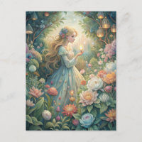 Magical Fairytale Young Woman Lanterns Garden