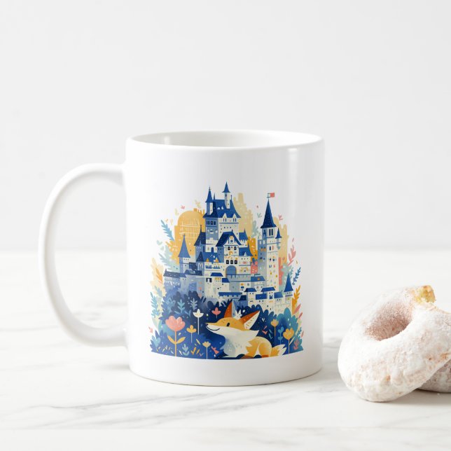 Magical Fantasy Castle and Joyful Fox Coffee Mug (With Donut)