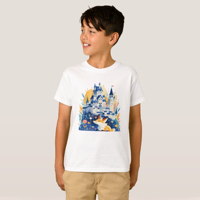 Magical Fantasy Castle and Joyful Fox T-Shirt (Front Full)